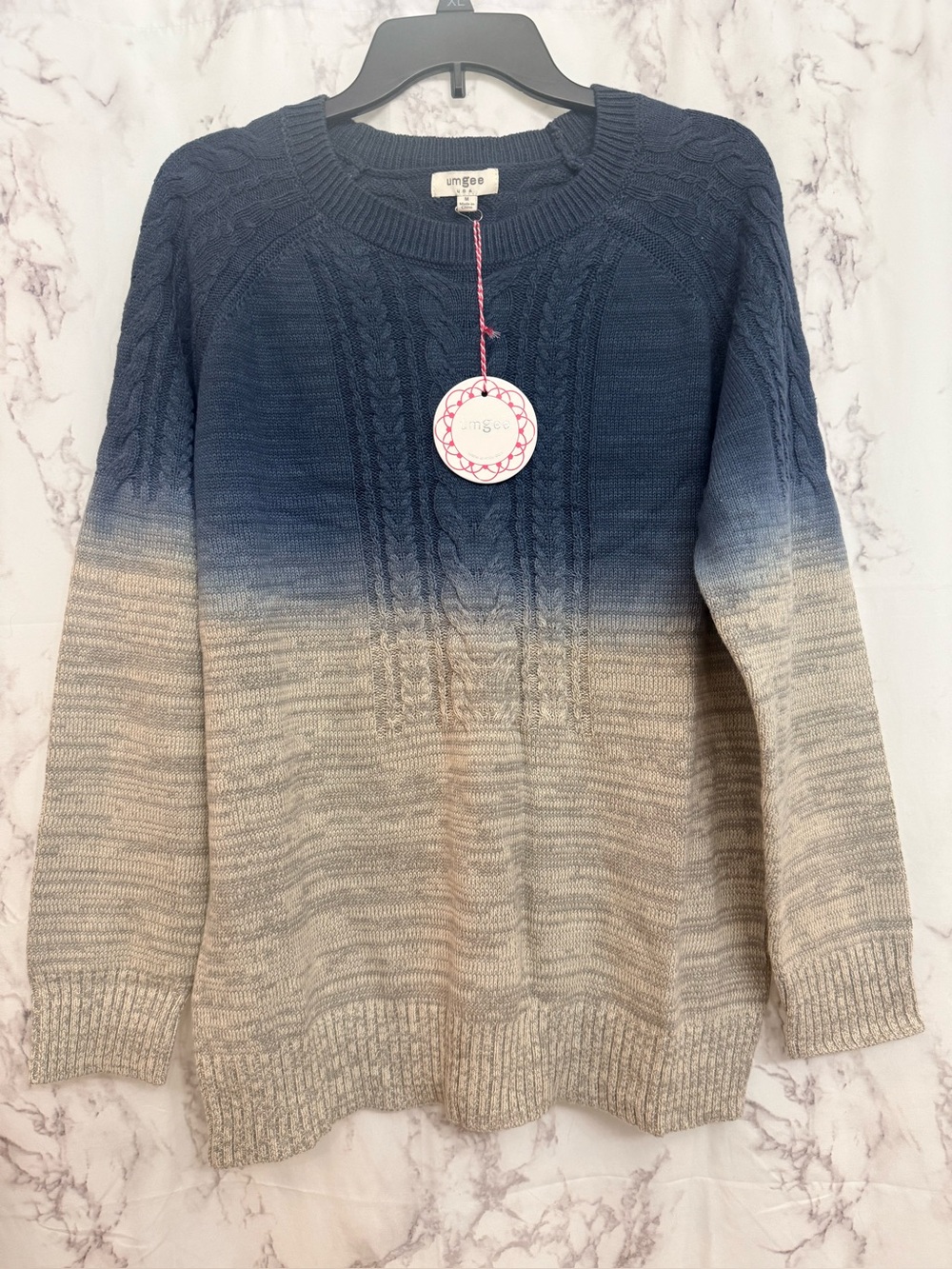 Umgee Navy to Cream Ombre Cable Knit Crew Sweater